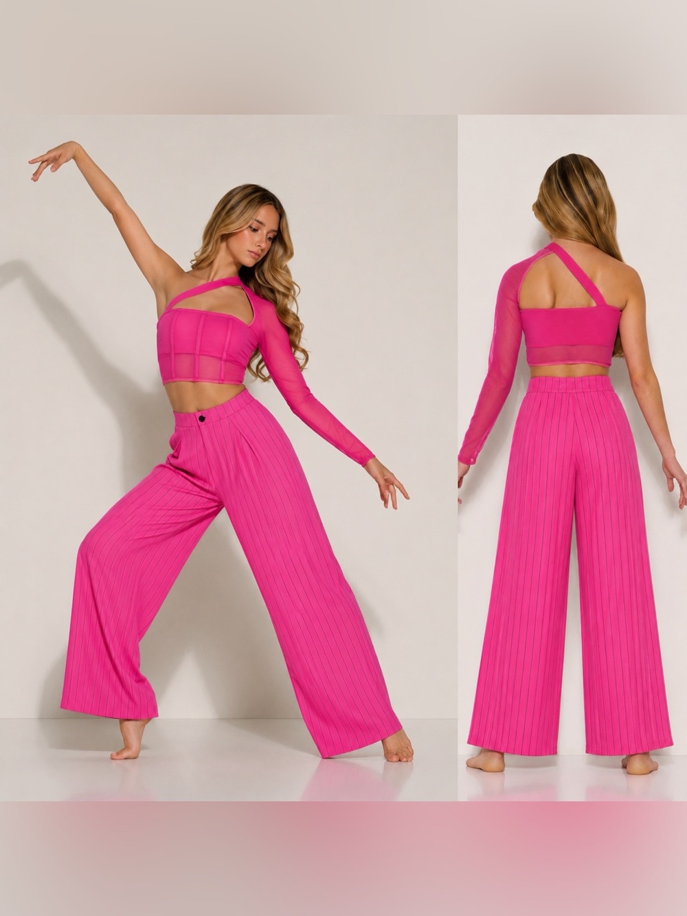 Kelle Hot Pink Pinstripe wide leg Pants Solo Dance Costume 2954 3830 2 piece XLA